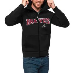 Men's Atlanta Braves Antigua Black Wordmark Protect Full-Zip Hoodie