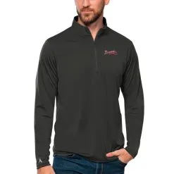 Men's Atlanta Braves Antigua Charcoal Tribute Quarter-Zip Pullover Top