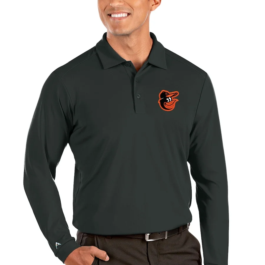 Men's Baltimore Orioles Antigua Gray Tribute Long Sleeve Polo