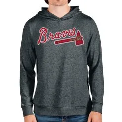 Men's Atlanta Braves Antigua Heathered Charcoal Team Logo Absolute Pullover Hoodie