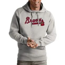 Men's Atlanta Braves Antigua Heathered Gray Victory Pullover Hoodie