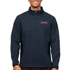 Men's Atlanta Braves Antigua Heathered Navy Course Quarter-Zip Pullover Top