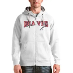 Atlanta Braves Antigua White Team Logo Victory Full-Zip Hoodie