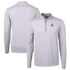 Men's Atlanta Braves Cutter & Buck Gray Virtue Eco Pique Micro Stripe Recycled Quarter-Zip Pullover Top