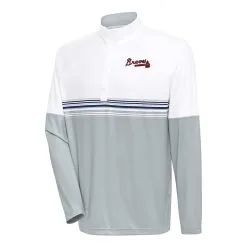 Men's Atlanta Braves Antigua White/Navy Bender Quarter-Zip Pullover Top