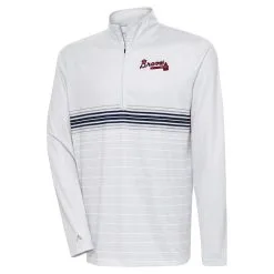 Men's Atlanta Braves Antigua Heather Gray/Navy Bullseye Quarter-Zip Pullover Top