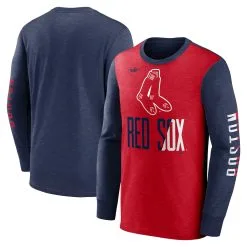 Men's Boston Red Sox Nike Red/Navy Cooperstown Collection Rewind Splitter Slub Long Sleeve T-Shirt